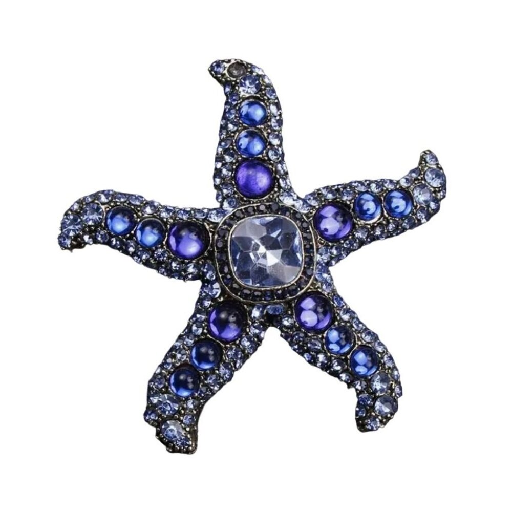Starfish Brooch Pin With Blue Rhinestones & Crystal Accents